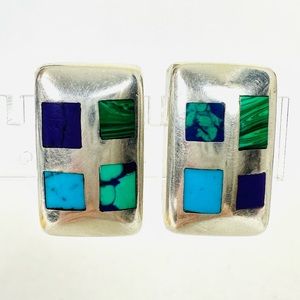 STERLING SILVER .925 Vintage Clip-On Earrings with Colorful Stone Inlays Mexican